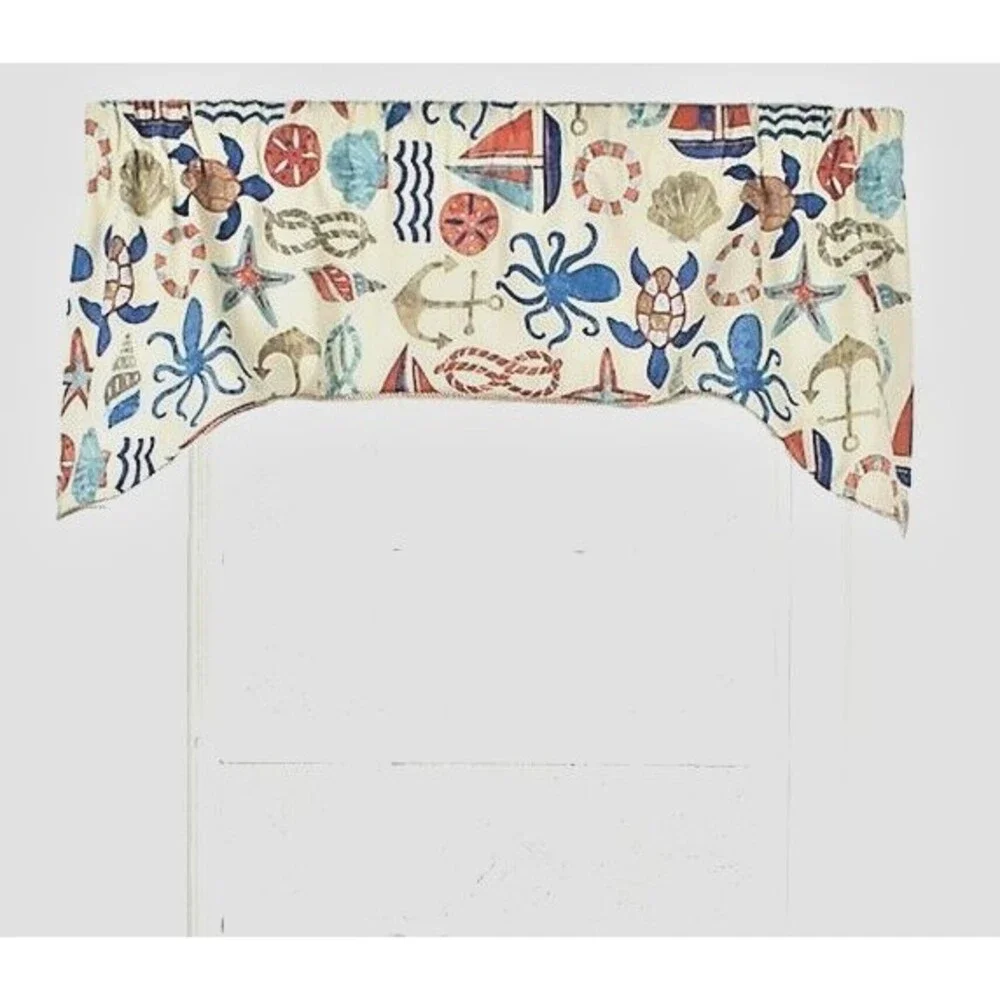 Sea Point Arched Tailored Valance Rope Cord Trim Nautical Print Summer Beach
